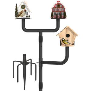 Garbuildman Upgraded Smart Bird Feeder Pole for 3 Birdhouses with Reinforced 5-Prong Base, Adjustable Birdhouse Pole for Outdoors, 3-in-1 Bird Feeder Stand Mounting Kit for Wild Birds Watching, Black