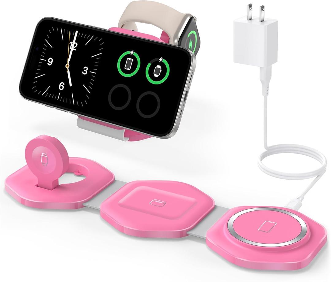3 in 1 Charging Station for Apple Devices - Foldable Magnetic Wireless Travel Charger Multiple Devices - Travel Charging Pad for MagSafe iPhone 16 15 14 13 12 Pro Max Plus Apple Watch & AirPod (Rose Pink)