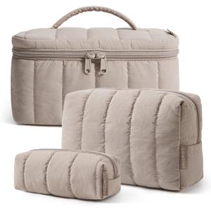 BAGSMART Travel Makeup Bag for Women, 3 Pcs Puffy Padded Cosmetic Organizer Bag, Large Toiletry Case and Small Purse Pouch for Gym, Work, Girls (Camel)