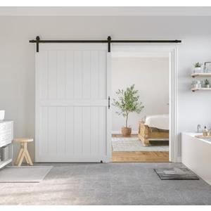 SmartStandard 54 x 96 inch White Sliding MDF Barn Door with 9FT Black Sliding Door Hardware Kit & Handle, Pre-Drilled Ready to Assemble, Waterproof PVC Coating, H-Frame