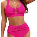 High Waisted Bikini Sets for Women Tummy Control Swimsuit U-Wire Matel Cutout Two Piece Bathing Suit, Rose L