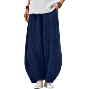 YESNO Women's Corduroy Lantern Pants Baggy Casual Loose Elastic Waist Long Trousers with Pockets PCI, XL, Navy Blue