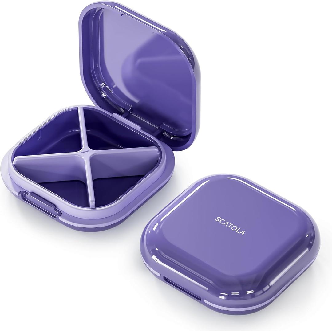 ONTERATE Small Pill Case, Travel Pill Organizer, Small Pill Box, Pill Container for Purse 4 Compartments, Daily Compact Travel Medicine Holder for Vitamins Medication (Purple)