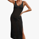 Womens Crochet Knit Sheer Beach Dresses Summer 2025 Backless V Neck Side Slit Bathing Suit Cover Up Midi Dress M