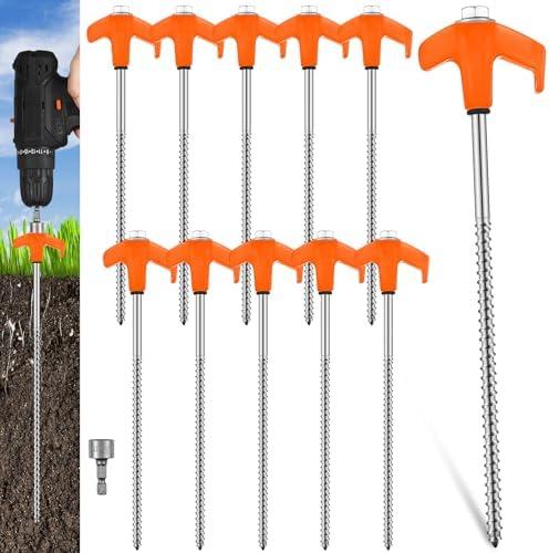 Hicarer 10 Pcs 20 Pcs 8'' Screw in Tent Stakes Heavy Duty Ground Metal Stakes for Inflatables with Hex Head Driver for Outdoor Camping Tent Inflatable Garden Decor (Orange)