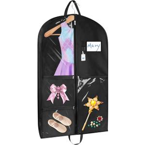 Sishynio Garment Bag, 43 Inch Black Garment-Bags for Hanging Clothes, Clear Waterproof Garment Bags with 5 Pockets, Dance Garment Bags, Kids Garment Bag for Dance Competitions Sports Suit Travel