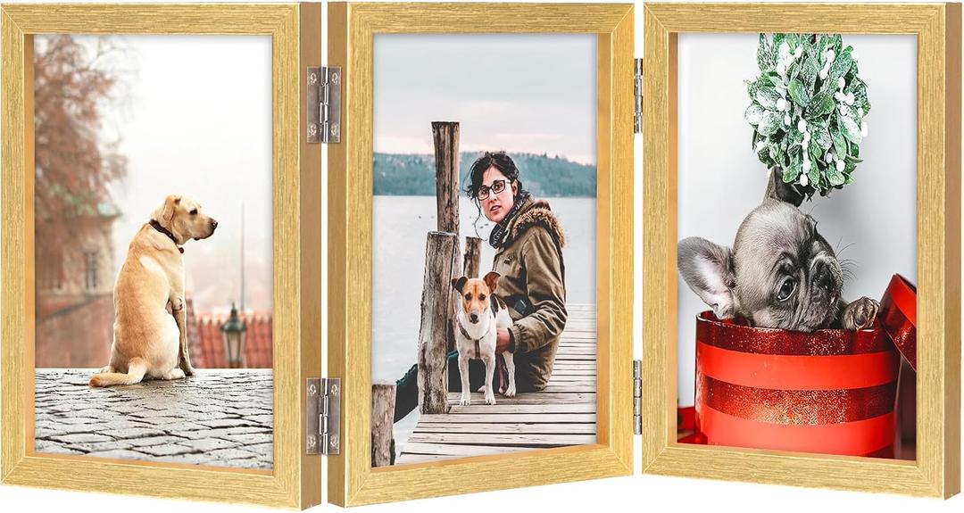 TOFOREVO 4x6 3 Picture Frame Triple Wooden Hinged Photo Frame Definition Glass Stand Vertically on Desktop or Tabletop Gold