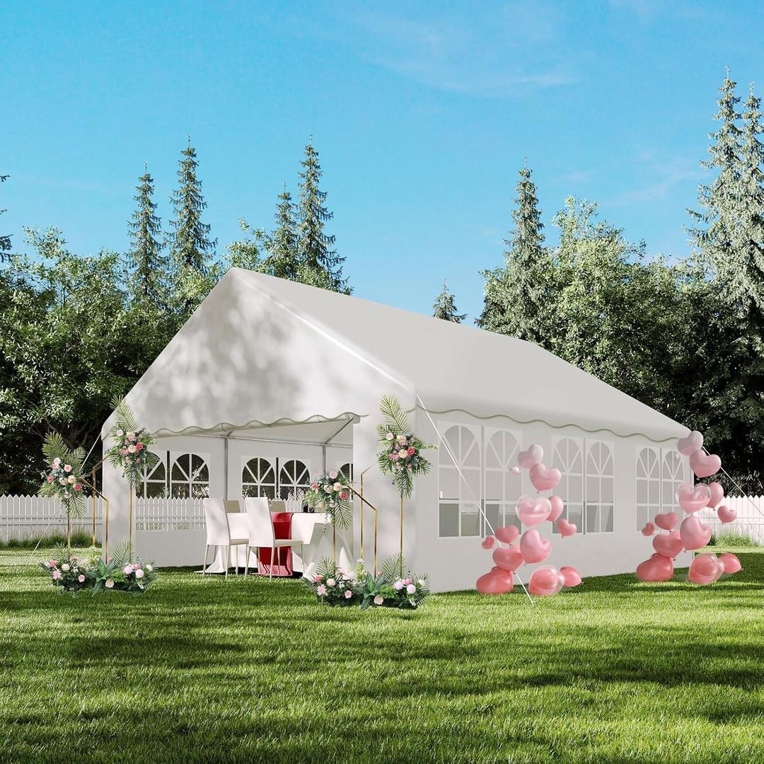 20'X20' Party Tent with Removable Sidewall Windows, Outdoor Heavy Duty Wedding Gazebo, Event Shelter Wedding Canopy Tent for Parties Carport BBQ, White & Wave Edge
