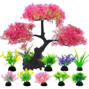 SLOCME Pink Cherry Blossom Tree Aquarium Decor Set  10 Pcs Artificial Plastic Plants for Fish Tanks, Betta & Goldfish Hiding Accessories, Realistic & Safe Aquarium Decorations (Pink)