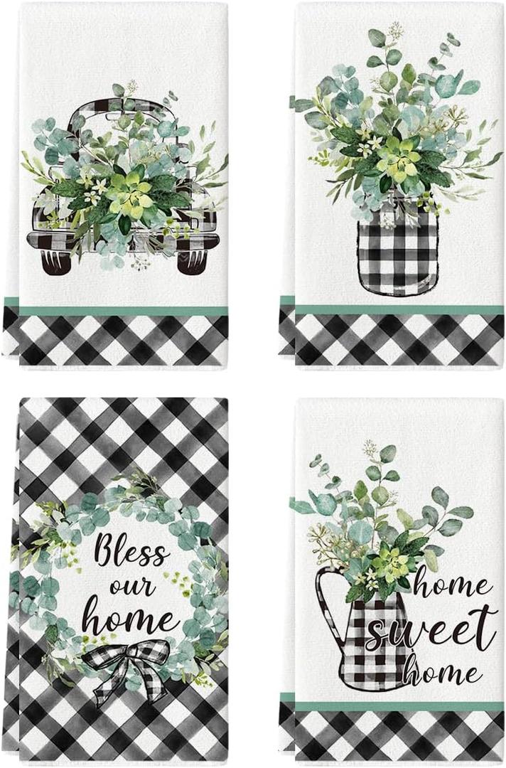 Artoid Mode Buffalo Plaid Eucalyptus Home Sweet Home Kitchen Towels Dish Towels, 18x26 Inch Seasonal Decoration Hand Towels Set of 4