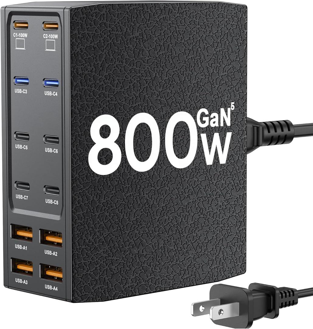 USB Charging Station (800W),12-Port USB C Charger Block with Dual 100W PD USB-C Fast Charging Station Hub for MacBook Pro/Air/All iPad Phone 17/16 15/14/13/Pro Max/Samsung Galaxy Note (Black)