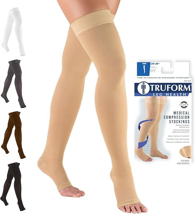 Truform 20-30 mmHg Compression Stockings for Men and Women, Thigh High Length, Dot-Top, Open Toe, Small