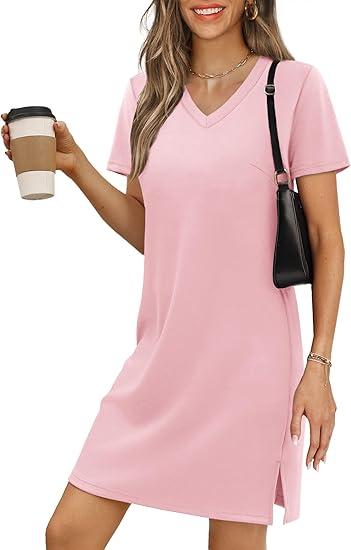 RUMIA Summer Casual Dresses for Women 2025 Vacation Dress V-Neck Short Sleeve Split Hem Beach Sundress, L