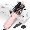 Aima Beauty 4 in 1 Worldwide Travel Hot Air Brush Dual Voltage Blowout Brush Oval Shape One Step Volumizer Straightener Blow Dryer Brush Ionic Lock Moisture Gift 360 Swivel Cord Champagne Silver