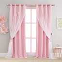 Pink Blackout Curtains with Sheer Overlay, 2 Panels, Thermal Insulated & Soundproof, Lace Trim for Bedroom, Nursery, Living Room - Modern Pink Drapes, Room Darkening Curtains, 52x84 Inches