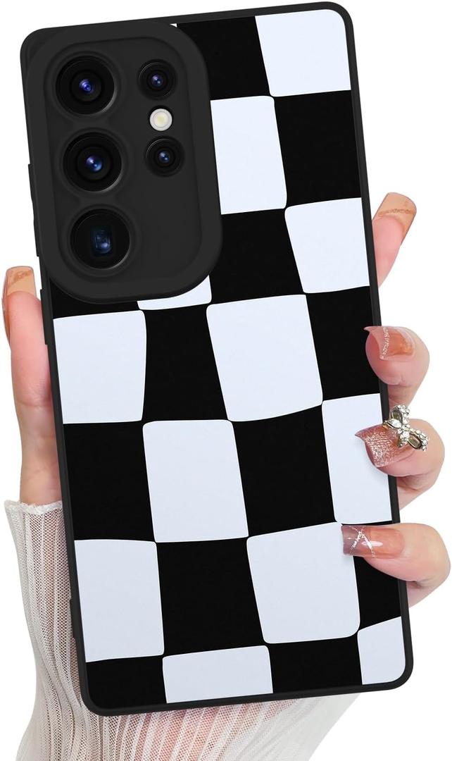 KANGHAR Compatible with Samsung Galaxy S25 Ultra Case, Silicone Checkered Cute Pattern, Camera Protection Soft Slim Phone Case for Girls Women -Black and White