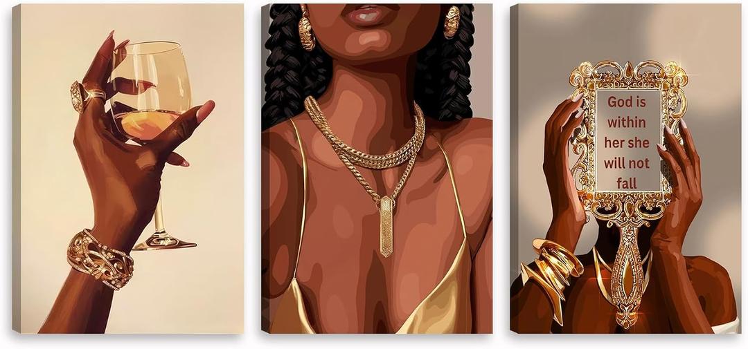 3Pcs Black Girl Wall Art African American Woman Canvas Pictures Fashion Girl Abstract Posters Prints Boho Black Female Paintings for Living Room Bedroom Bathroom 16"x24", 24''Lx16''W