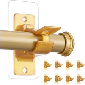 ANDGOO 8 Pack Nail Free Curtain Rod Hooks, No Drill Adjustable Curtain Rod Holders, Holding Up to 17 lbs, Curtain Brackets on Sleek and Even Walls(Gold)