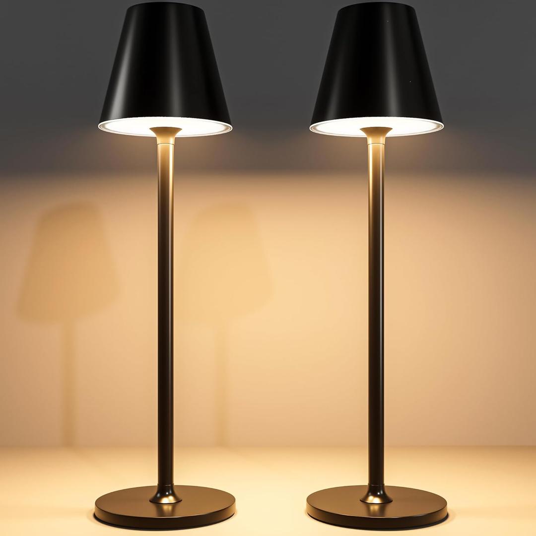 2-Pack Cordless Table Lamps - 5000mAh Rechargeable Battery Operated Desk Lamp, 3-Level Dimmable LED Night Light for Bedroom, Dining, Restaurant - Metal Design (Black 2-Pack)