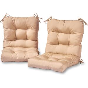 Tufted Outdoor Chair Cushions – Hinged One-Piece Design, Reversible Patio Seat & Back Cushion with Ties, Durable Polyester Fabric, Recycled Polyfiber Fill, Set of 2, Stone