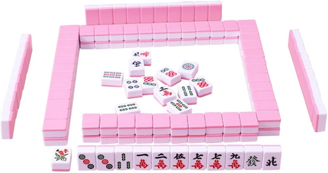 144 Mini Mahjong Tiles Game Set for Chinese Play, Travel Friendly, Pink