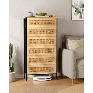 Crestlive Products Rattan Dresser Storage Tower, Tall Fabric Dresser, Chests of Drawers, Wood Top - Organizer Unit for Bedroom, Hallway, Entryway, Closets (Natural, 6 Drawers)