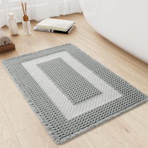 MontVoo Waffle Bath-Mat Non Slip, Super Absorbent Bath Mats for Bathroom Ultra Soft Bathroom Mat with Tassels, Boho Bathroom Rugs Non Slip Washable Bath Rugs, 17''x24'',Grey