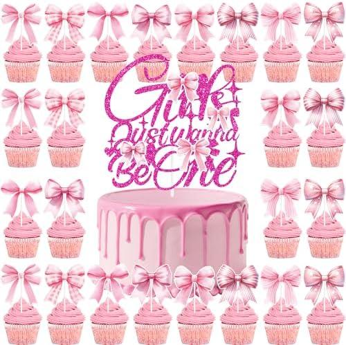 Hokinaa Bow 1st Birthday Decorations - 25 Pcs Girls Just Wanna Be One First Birthday Cake Topper, Pink Bow Theme Cupcake Toppers Set, Happy 1 Year Old Party Supplies Photo Background Decor for Girl 2 Pack