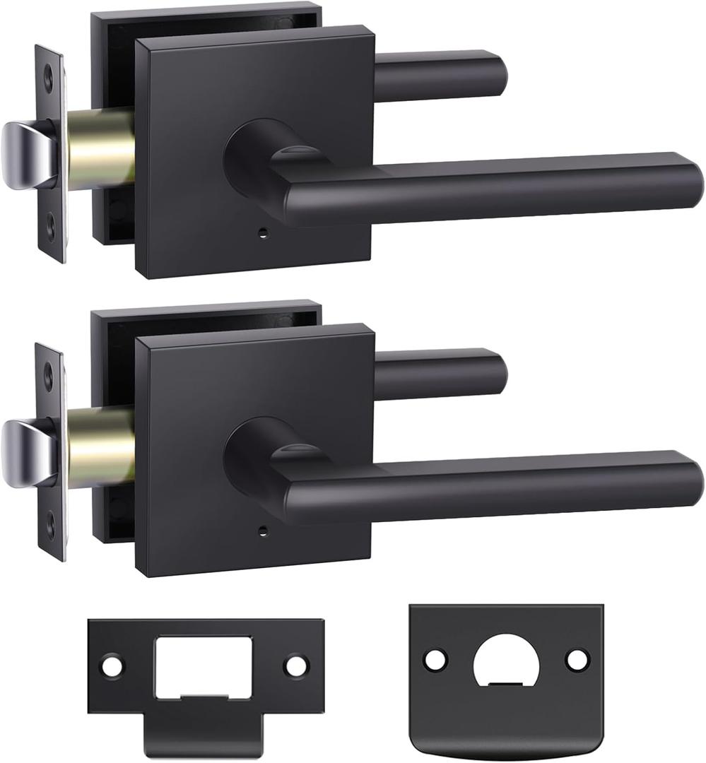 Ohuhu Black Door Knob, 2 Pack Door Knobs, Matte Black Door Handle, Bedroom Door Lock, Interior Door Knobs Door Lever with Modern Contemporary Slim Square Design for Bathroom Privacy in Satin Zinc