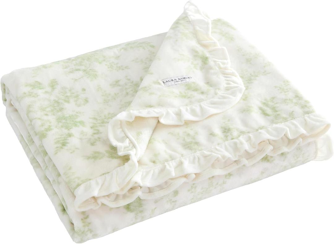 Laura Ashley - Plush Throw Blanket, 50x70, Soft and Warm with a Lightweight Feel, Botanical Leaf Design, Annalise Green
