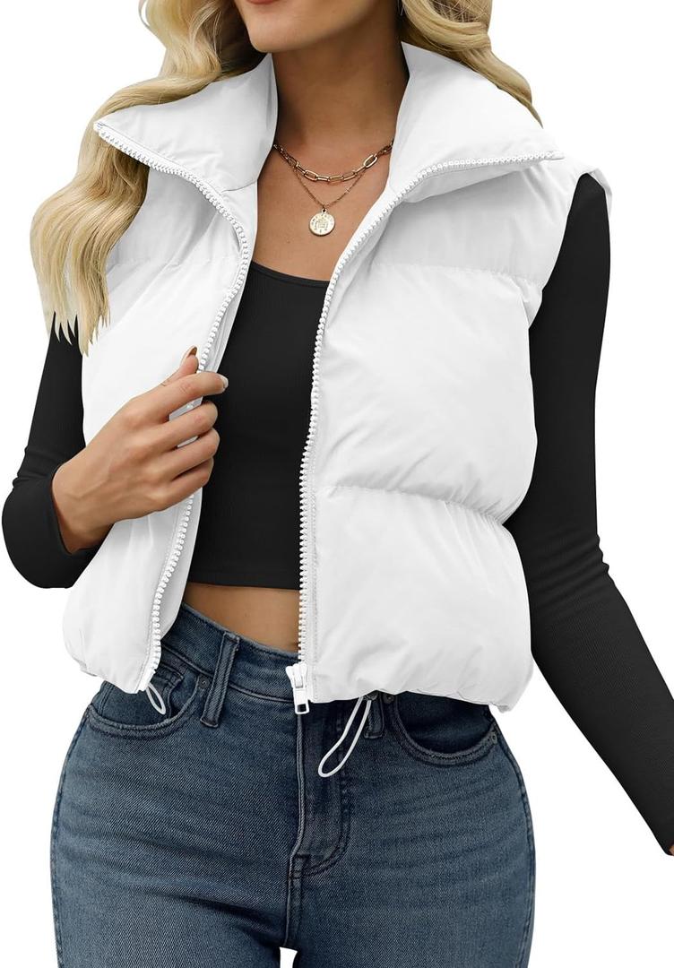 JZC Women's Crop Puffer Vest Lightweight Sleeveless Jacket 2025 Fashion Winter Outerwear Padded Gilet (Large, White)