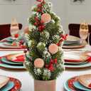 Small Christmas Tree with Red Berries Balls in Brown Pot, 17.7 inch Snow Frosted Artificial Mini Christmas Tree, Flocked Christmas Artificial Pine Tree in Tin Planter Christmas Decor