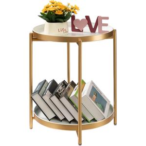 TeoKJ 2 Tier Gold Side Table, Folding Round Metal End Table Small Nightstand with Two Removable Tray for Bedroom Living Room Bedside Small Spaces Gold + White