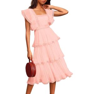 ETCYY Women's Summer Ruffle Maxi Dress Tiered Layed Chiffon Short Sleeve Beach Boho Floral Party Wedding Guest Long Dresses (Large, Pink)