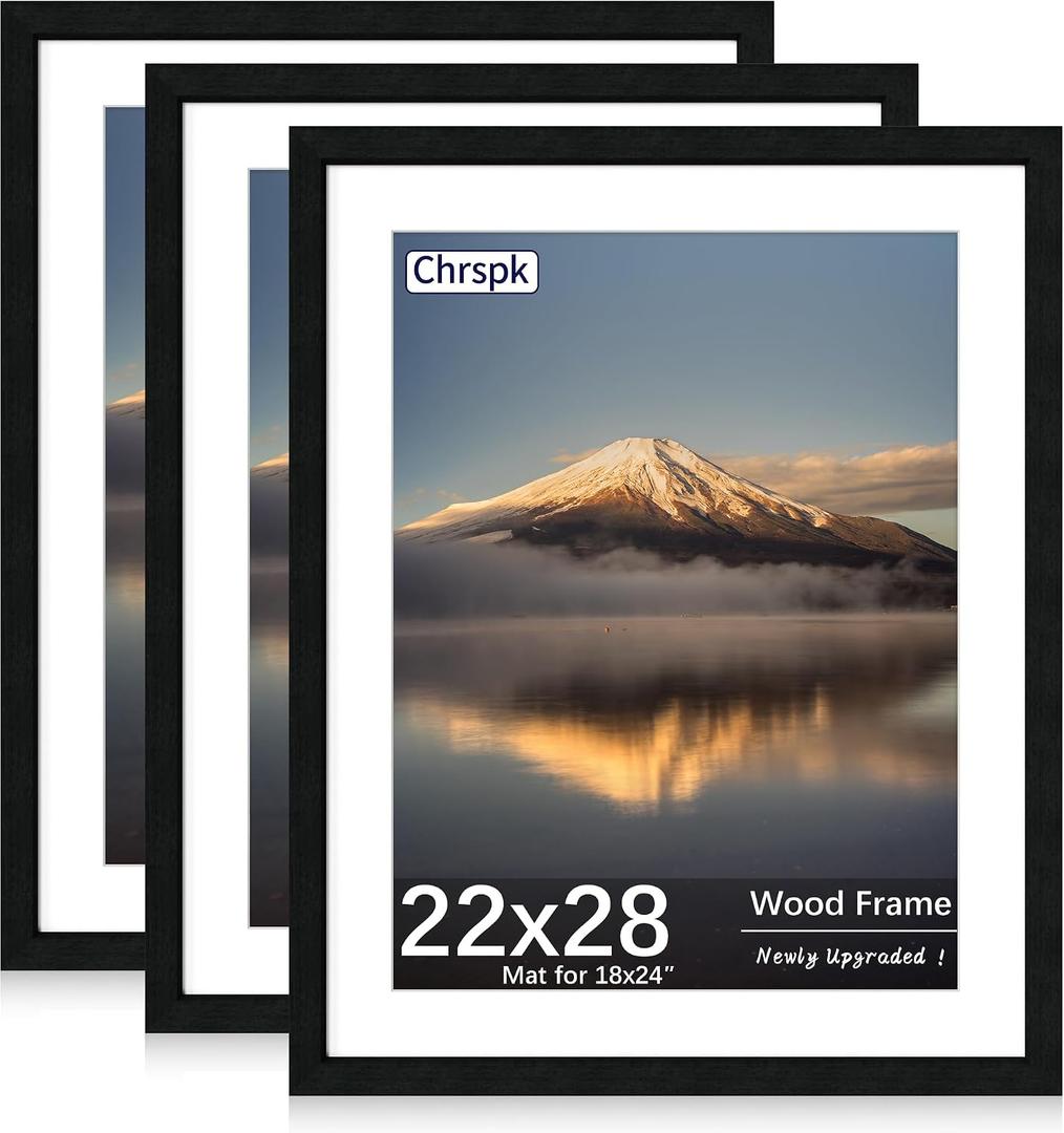 22X28 Poster Frame, Display Pictures 18X24 with Mat or 22X28 Without, Wall Hanging Frames, Black, 3 Pack