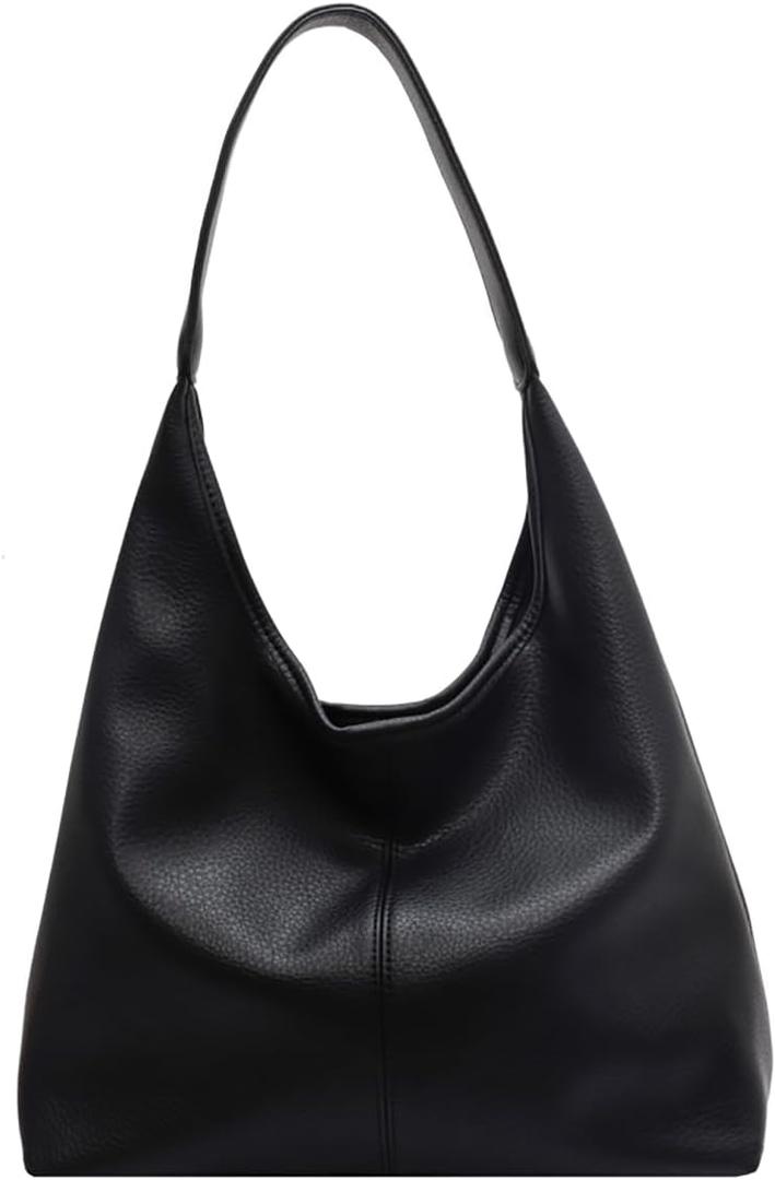 Hobo Bags for Women Slouchy Tote Bag Soft Casual PU Leather Shoulder Purses 2pcs Work Everyday Handbags (Black)