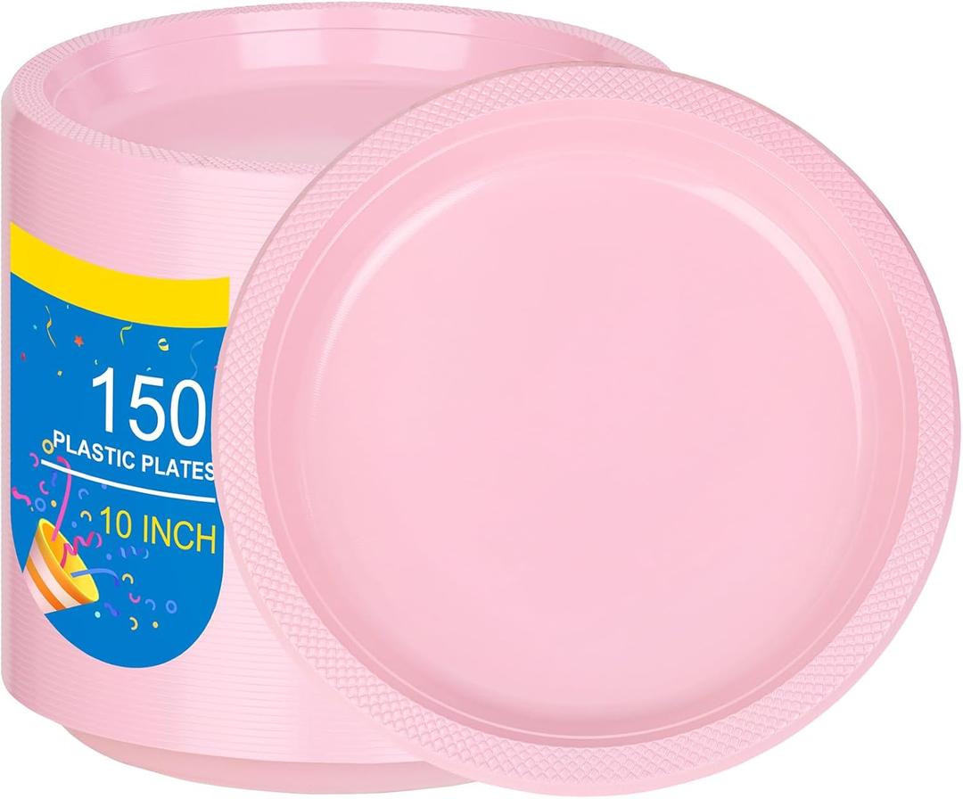 WELLIFE Pink Plastic Plates 10 Inch -150 Count for Party, Disposable Plastic Party Plates for Easter Mother's Day Baby Shower Dinner Dessert Cake Light Pink