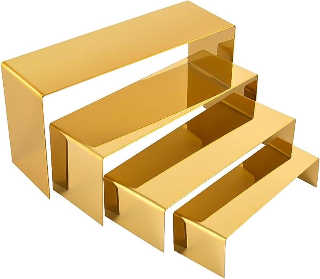 PROFIKLA 4 Pcs Gold Stainless Steel Display Risers, Display Stand for Cupcake Dessert Perfume Purse Handbag Shoe Jewelry and Funko Pop