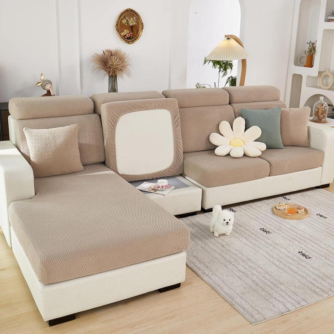 ShowyLive 2025 New Wear-Resistant Universal Sofa Cover, Stretch Couch Cushion Slipcovers Replacement, Anti-Slip L Shape Sofa Covers, Chaise Lounge Sofa Slipcover (Weave Camel,Large Triple Seat Cover)