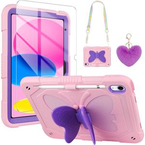 WESADN for iPad 10th Generation Case 10.9 inch 2022 for iPad A16 Case 11 inch 2025 with Screen Protector/Butterfly Kickstand/Lanyard/Keychain Rugged Cases Pencil Holder Girls Kids Cover Pink Purple