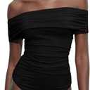 MakeMeChic Women's Off The Shoulder Bodysuit Ruched Going Out Body Suit Tops Skinny Sexy Leotard Top, Small
