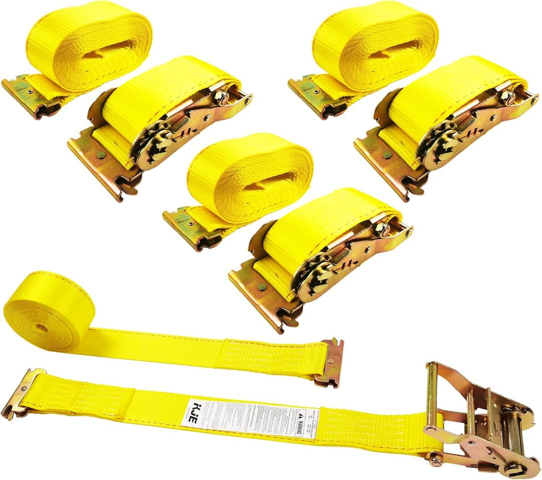 KJE E-Track Ratchet Straps, 4 Pack 2" x20' Heavy Duty Cargo Tie-Downs, 4500LBS Breaking Strength, Standard E Track Fitting Tie Down Ratcheting Strap for Cargo Vans, Trucks, Trailers