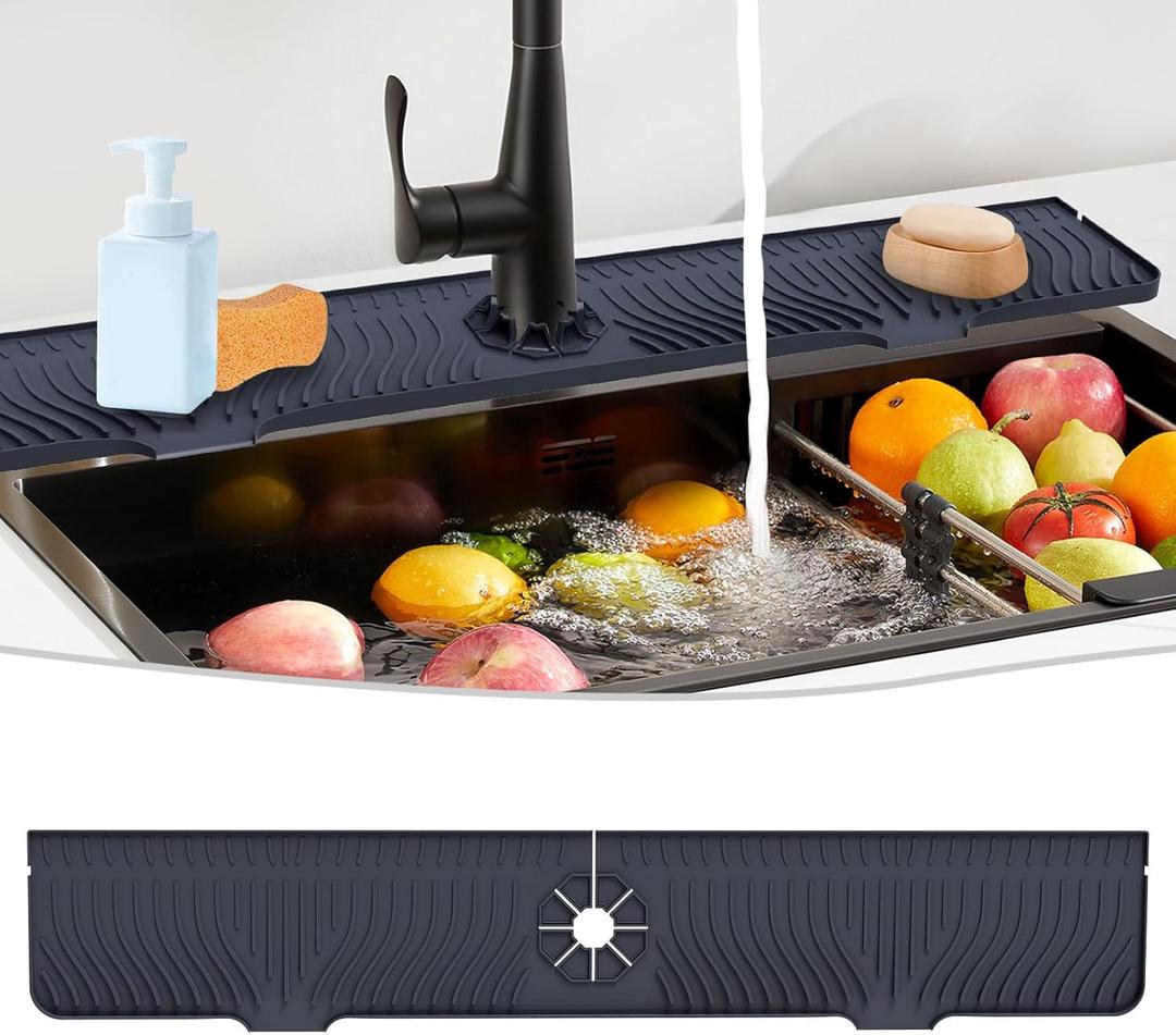 Derlights 33 inch Sink Splash Guard Mat, Silicone Faucet Handle Drip Catcher Tray, Longer Silicone Sink Mat for KitchenBathroom, Drip Protector Splash Countertop (Black)