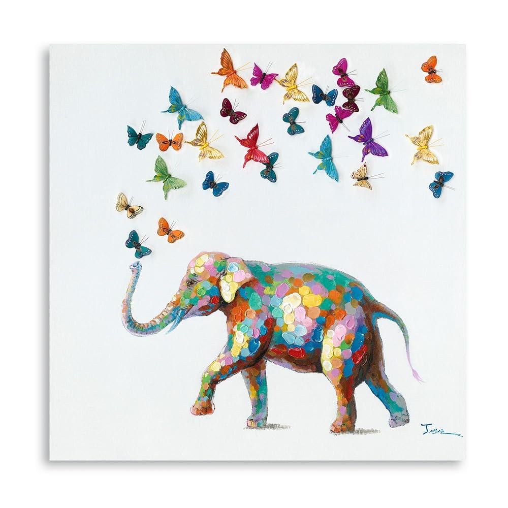 2 x ForJoy Elephant Butterfly Wall Art Handpainted Colorful Elephant Painting Butterfly Canvas Print Wall Art for Bedroom Canvas Ready to Hang (24"X 24"X1 Panel)