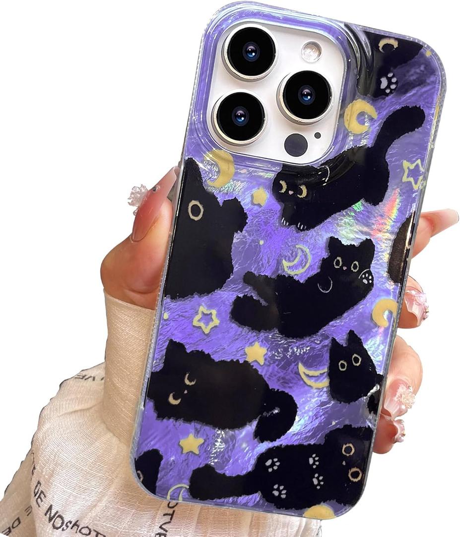 Compact Case for iPhone 14 Pro Max Black cat-Purple Design,Cute Trendy Soft Slim TPU Shockproof Protective Bumper Phone Cases Cover for Women Girls Aesthetic Glitter Shiny Adorable