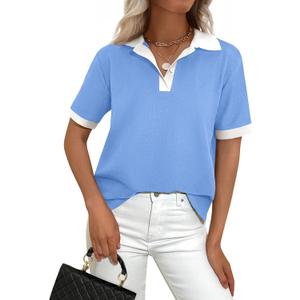 PRETTYGARDEN Summer Short Sleeve Polo Shirts for Women Collared V Neck Work Dressy Tops Knit Loose Business Casual Outfits (Medium, Sky Blue)