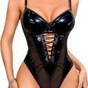 Kaei&Shi Rave Outfits Bodysuit Tops, Fishnet Corset Body Suit, Sexy Lingerie For Women, Faux Leather Festival Goth (4-6, Black)