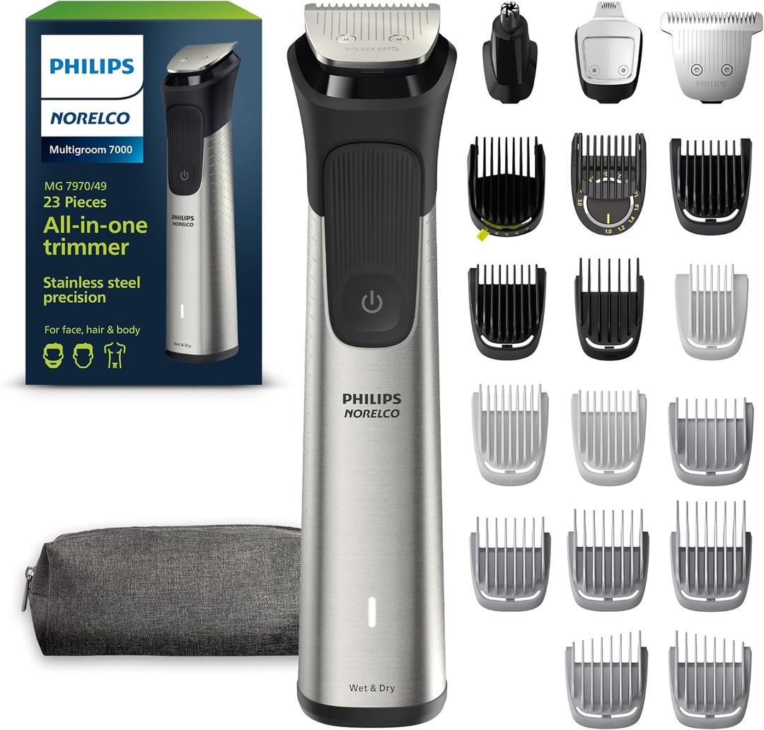 Norelco Philips All-in-One 7000 Series 23-Piece Trimmer - Electric Shaver and Clipper for Face, Beard, Head & Body, Self-Sharpening Titanium Blades, 26 Length Settings (0.5-16 mm), MG7970/49 (Steel)
