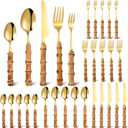 Eboot Bamboo Silverware Set 18/8 Stainless Steel Tableware Set Natural Utensil Flatware Kit Spoon Fork Knives Bamboo Handle Cutlery for Kitchen Wedding Home Restaurant Party(Gold,30 Pieces)