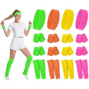 Hillban 4 Set 80s Leg Warmers for Women Men 80s 90s Accessories Neon Headband Wristband Workout Outfit for Carnival Party (Vivid Color)